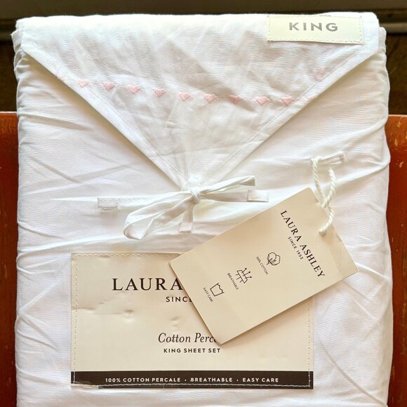 Laura Ashley King Size Embroidered Pink Hearts Sheet Set Crisp Cotton Percale - Picture 1 of 5
